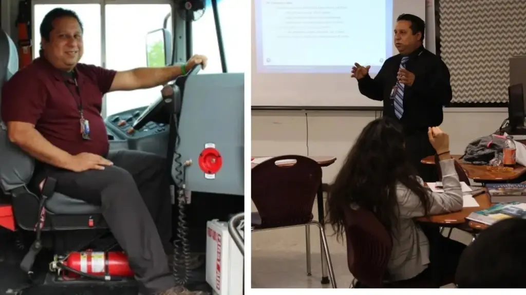 Pai de quatro filhos passa de motorista de ônibus a professor depois de estudar e trabalhar em tempo integral durante nove anos, concluir a universidade e permanecer na mesma rede pública, onde deixa o departamento de transportes para ensinar História, Geografia e Estudos Sociais aos estudantes que antes levava para a escola Pai de quatro filhos passa de motorista de ônibus a professor depois de estudar e trabalhar em tempo integral durante nove anos, concluir a universidade e permanecer na mesma rede pública, onde deixa o departamento de transportes para ensinar História, Geografia e Estudos Sociais aos estudantes que antes levava para a escola
