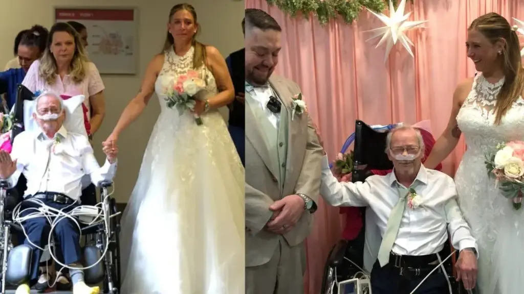 Pai temia não conseguir acompanhar a filha no casamento, mas funcionários do hospital transformaram a capela em altar, organizaram a cerimônia dentro da própria unidade e permitiram que ele a levasse pela mão até o altar, realizando seu último grande desejo poucas semanas antes de morrer após enfrentar uma doença terminal Pai temia não conseguir acompanhar a filha no casamento, mas funcionários do hospital transformaram a capela em altar, organizaram a cerimônia dentro da própria unidade e permitiram que ele a levasse pela mão até o altar, realizando seu último grande desejo poucas semanas antes de morrer após enfrentar uma doença terminal