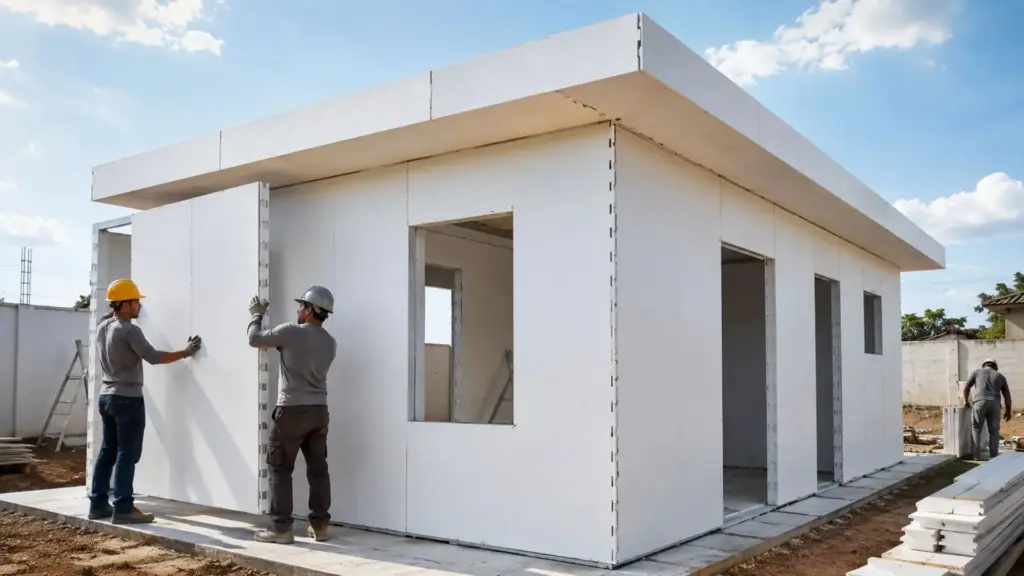 Pedreiros estão levantando casas sem reboco, sem pintura e sem revestimento, encaixando painéis de PVC que servem de fôrma e de acabamento ao mesmo tempo, e uma habitação popular fica pronta em 7 dias Pedreiros estão levantando casas sem reboco, sem pintura e sem revestimento, encaixando painéis de PVC que servem de fôrma e de acabamento ao mesmo tempo, e uma habitação popular fica pronta em 7 dias