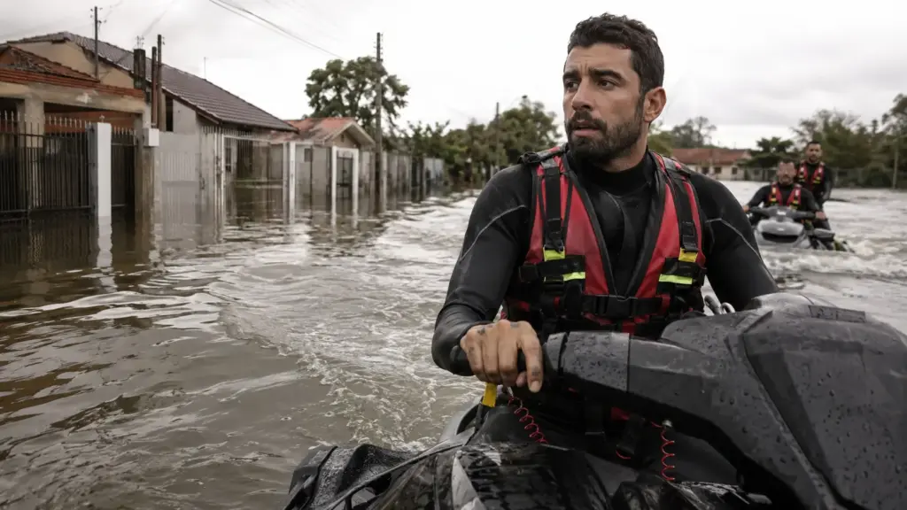 Pedro Scooby reúne surfistas de ondas gigantes, enfrenta cerca de 20 horas de estrada com motos aquáticas e lanchas, chega ao RS e usa experiência em situações extremas para retirar crianças e famílias ilhadas pela maior enchente do estado
