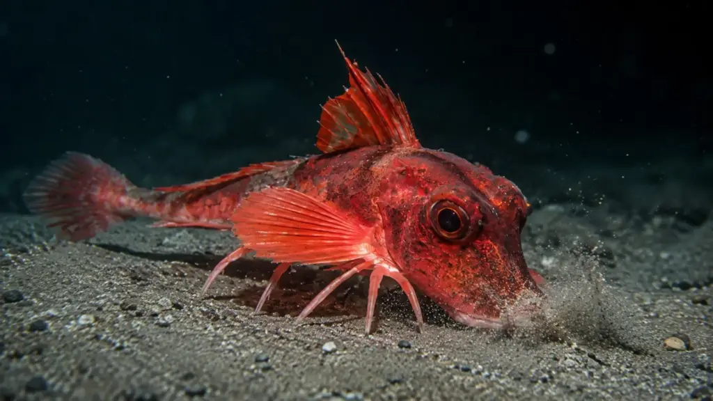 Peixe estranho caminha com seis patas no fundo do oceano, ‘prova’ a areia para encontrar presas escondidas e solta um coaxo parecido com sapo ao ser capturado, embora nem toda espécie tenha a mesma habilidade durante a busca por alimento