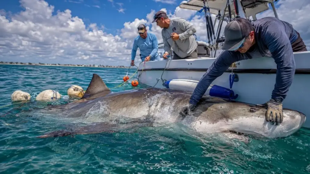 Pescadores fisgam tubarão-branco de mais de 4,2 metros e estimados 680 kg na Flórida, lutam por cerca de sete horas até a linha romper, encontram o animal novamente preso às boias, religam o equipamento e conseguem trazê-lo ao barco para reanimá-lo antes de soltá-lo vivo no oceano