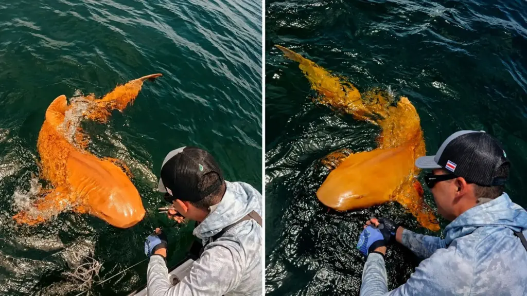 Pescadores fisgaram um tubarão de quase dois metros com pele laranja e olhos brancos, a internet gritou montagem, e a ciência confirmou o primeiro caso registrado de albino xantocromismo em tubarão lixa
