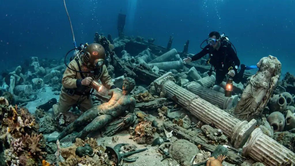 Pescadores mergulharam 40 metros e encontraram estátuas, bronzes e dezenas de colunas de mármore, revelando um navio de 2 mil anos carregado com obras de arte destinadas à elite romana Pescadores mergulharam 40 metros e encontraram estátuas, bronzes e dezenas de colunas de mármore, revelando um navio de 2 mil anos carregado com obras de arte destinadas à elite romana