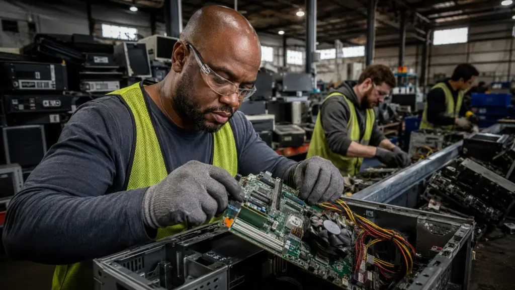 Pessoas que tentavam reconstruir a vida após a prisão começaram desmontando computadores e cabos descartados, receberam treinamento pago e ajudaram a reciclar 45,4 mil toneladas de eletrônicos Pessoas que tentavam reconstruir a vida após a prisão começaram desmontando computadores e cabos descartados, receberam treinamento pago e ajudaram a reciclar 45,4 mil toneladas de eletrônicos