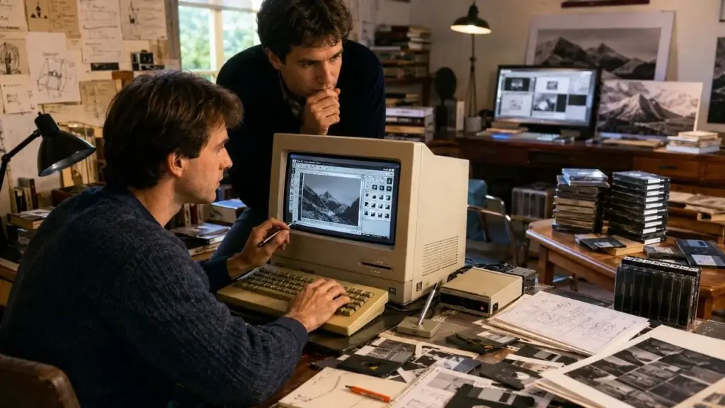 Photoshop nasceu de um problema simples em um Macintosh preto e branco em 1987, quando Thomas Knoll criou ferramentas para processar imagens, o irmão John enxergou potencial no projeto e, após rejeições de outras empresas, a Adobe lançou o programa em 19 de fevereiro de 1990