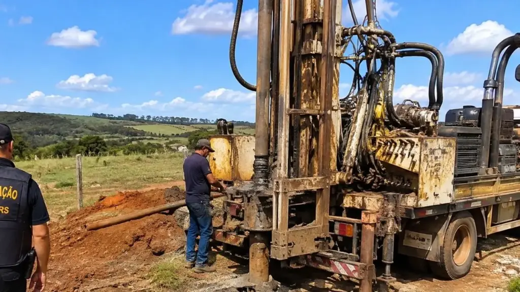 Poço artesiano de 6 metros era perfurado em propriedade rural para abastecer família e animais, mas fiscalização constatou falta de autorização, interrompeu o trabalho antes que a água fosse encontrada e apreendeu a máquina usada na escavação em Três Arroios, no Norte do RS Poço artesiano de 6 metros era perfurado em propriedade rural para abastecer família e animais, mas fiscalização constatou falta de autorização, interrompeu o trabalho antes que a água fosse encontrada e apreendeu a máquina usada na escavação em Três Arroios, no Norte do RS