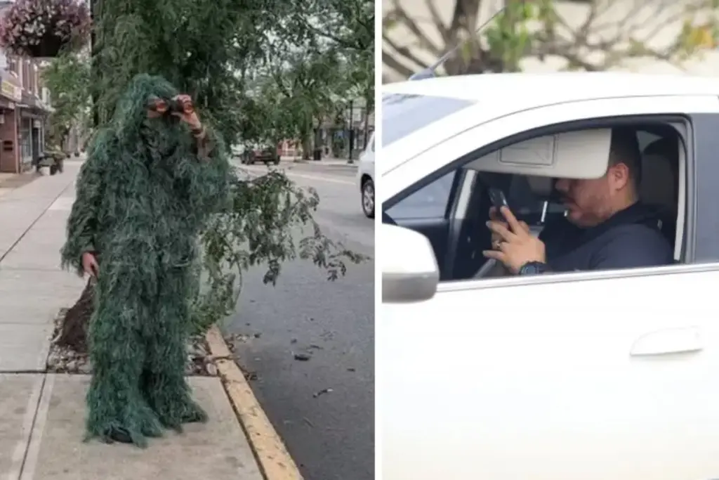 Policial se fantasiou de arbusto na beira da rua, passou seis horas espiando com binóculos e derrubou 74 motoristas no celular de uma vez, com multas que chegam a R$ 2 mil por cabeça