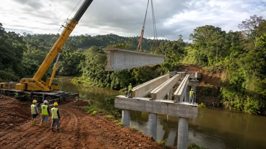 Ponte rural de Prudentópolis foi montada com 22 vigas de 12,5 metros e 260 lajotas, substituiu travessia de madeira danificada e eliminou desvio de 15 quilômetros após enchentes