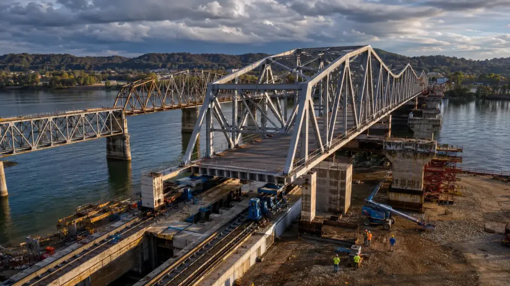 Para não deixar duas cidades isoladas durante a obra, engenheiros construíram uma nova ponte ao lado da antiga e depois deslizaram a enorme estrutura lateralmente sobre o rio Ohio até sua posição definitiva Para não deixar duas cidades isoladas durante a obra, engenheiros construíram uma nova ponte ao lado da antiga e depois deslizaram a enorme estrutura lateralmente sobre o rio Ohio até sua posição definitiva