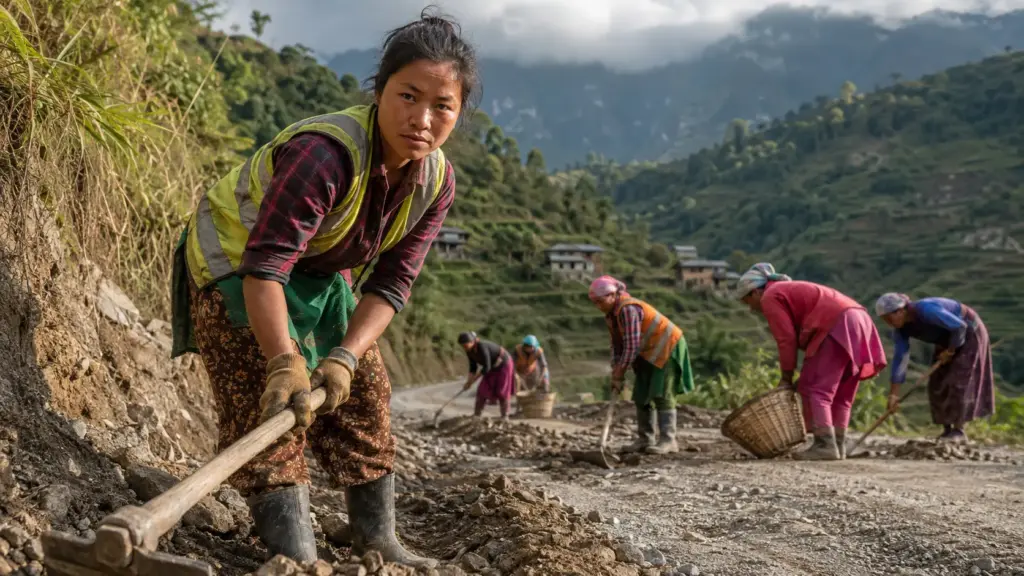 Sem estudo, terra, dinheiro e sem apoio do pai da criança para alimentar o próprio filho, mãe entrou em grupo de manutenção de estradas no Nepal, passou a receber salário, reformou a casa e fez parte de programa com 2.870 equipes e mais de 70% de mulheres