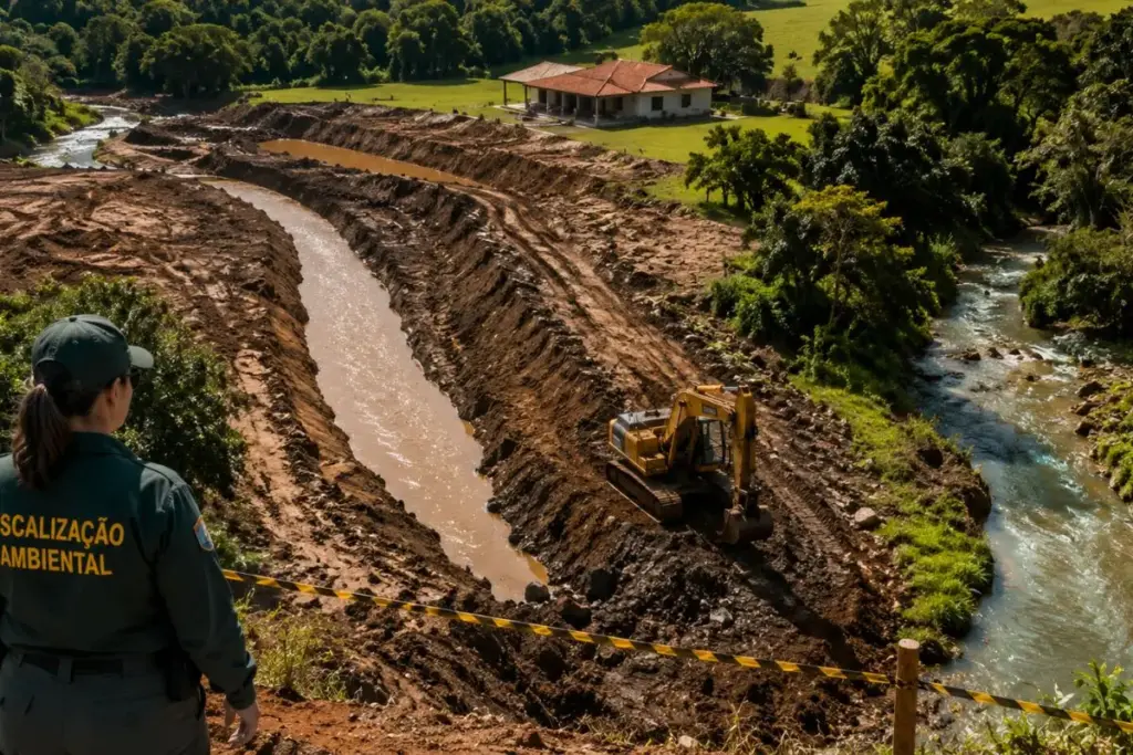 Proprietário de 64 anos desviou o córrego São José dentro da chácara, viu a fiscalização interditar a intervenção, recebeu multa de R$ 1 mil e precisou devolver a água ao curso original e apresentar plano de recuperação ambiental em Rochedo