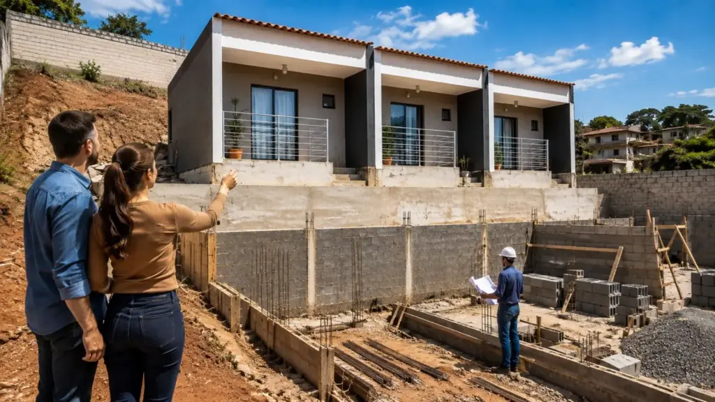 Quanto custa levantar 3 casas geminadas de 50 m² no mesmo lote, quanto entra de aluguel por mês e por que a conta muda quando o terreno tem declive