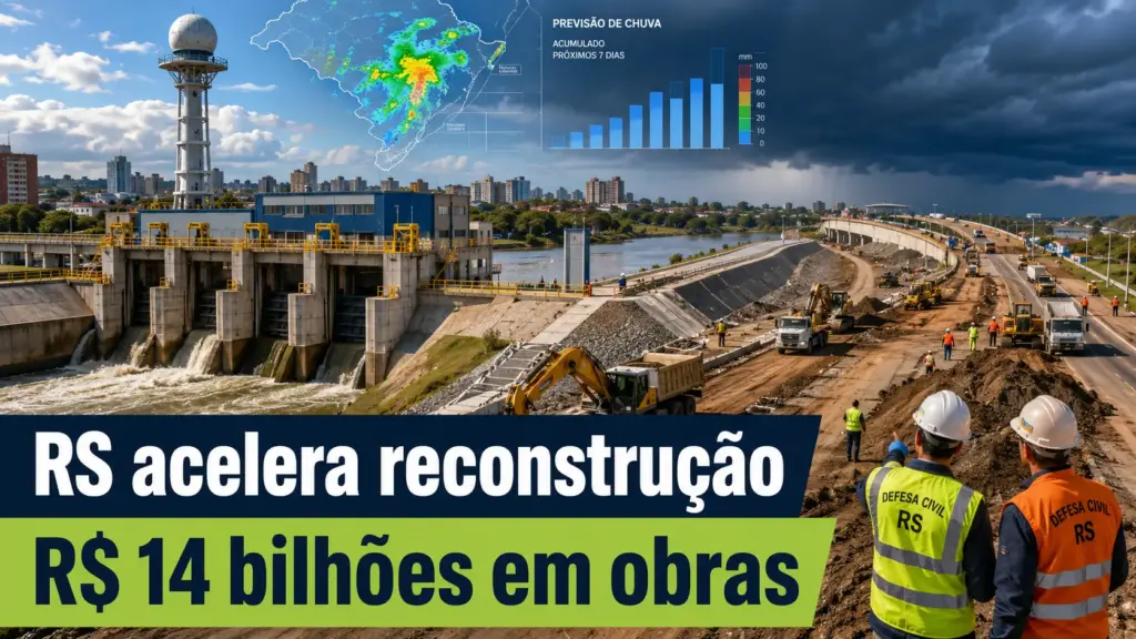 RS acelera reconstrução após enchentes históricas, com R$ 14 bilhões em obras, diques, bombas, estradas e radares, mas alerta de eventos extremos combinados ainda preocupa para a próxima temporada de chuva