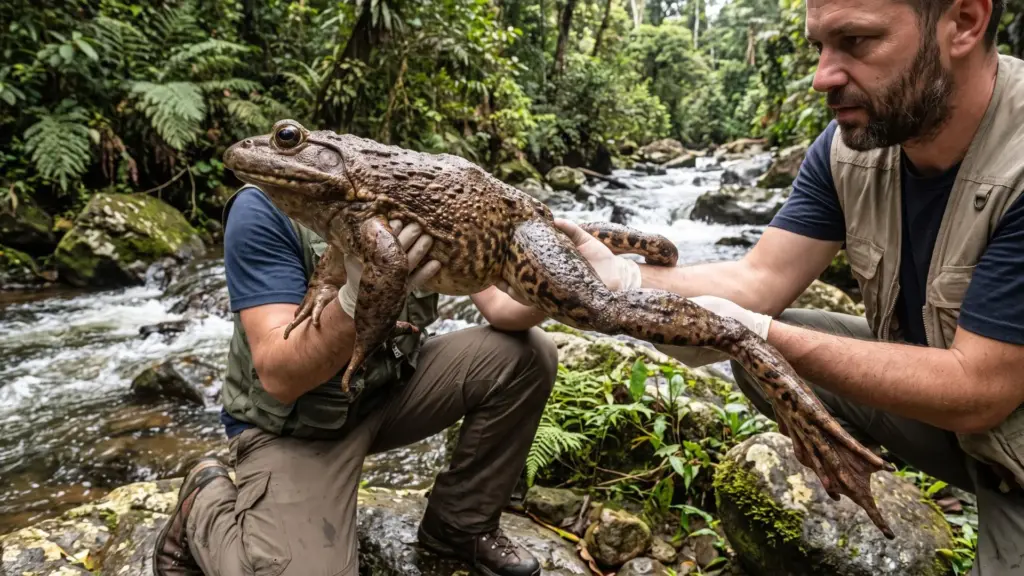 Com quase 4 kg, 87,6 centímetros com as pernas estendidas e corpo comparável ao de um coelho, a rã-golias desafia os limites dos anfíbios e entrou para o Guinness como a maior rã viva já registrada