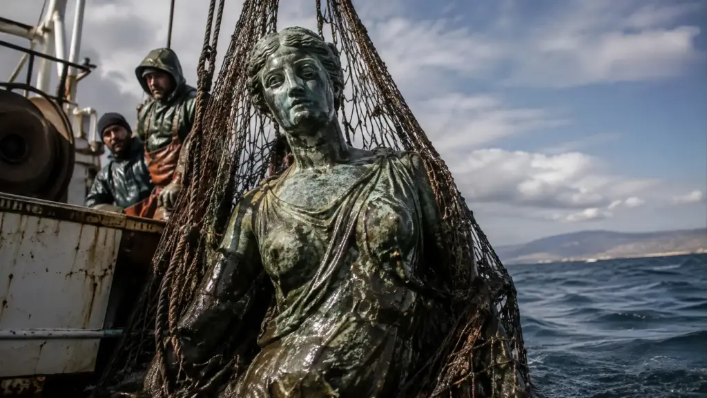 Rede de pesca puxou do mar uma colossal mulher de bronze a 120 metros de profundidade, estátua de quase 2 metros criada há cerca de 2.300 anos que desencadeou uma corrida por tesouros antigos no fundo do Egeu Rede de pesca puxou do mar uma colossal mulher de bronze a 120 metros de profundidade, estátua de quase 2 metros criada há cerca de 2.300 anos que desencadeou uma corrida por tesouros antigos no fundo do Egeu