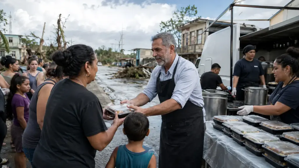 Chef José Andrés embarca no primeiro voo comercial para Porto Rico após furacão, começa preparando comida em uma única cozinha e mobiliza 20 mil voluntários para servir 3,7 milhões de refeições nos 78 municípios da ilha