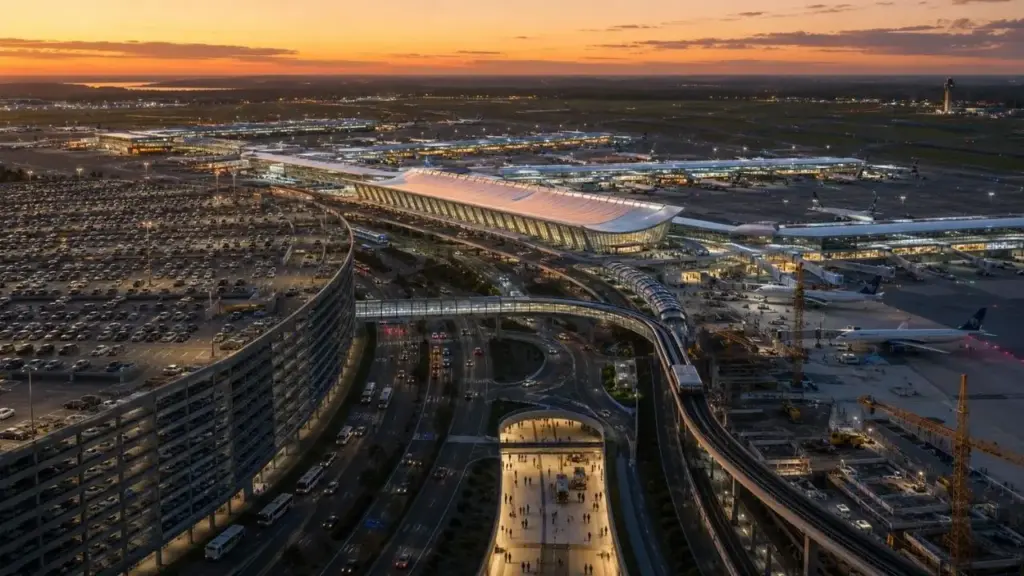 Reforma de US$ 22 bilhões no Aeroporto Dulles prevê 465 mil metros quadrados de áreas novas ou renovadas, novos saguões, mais portões e uma garagem de 32 mil vagas que poderá se tornar a maior do mundo, enquanto preserva o terminal histórico desenhado por Eero Saarinen Reforma de US$ 22 bilhões no Aeroporto Dulles prevê 465 mil metros quadrados de áreas novas ou renovadas, novos saguões, mais portões e uma garagem de 32 mil vagas que poderá se tornar a maior do mundo, enquanto preserva o terminal histórico desenhado por Eero Saarinen