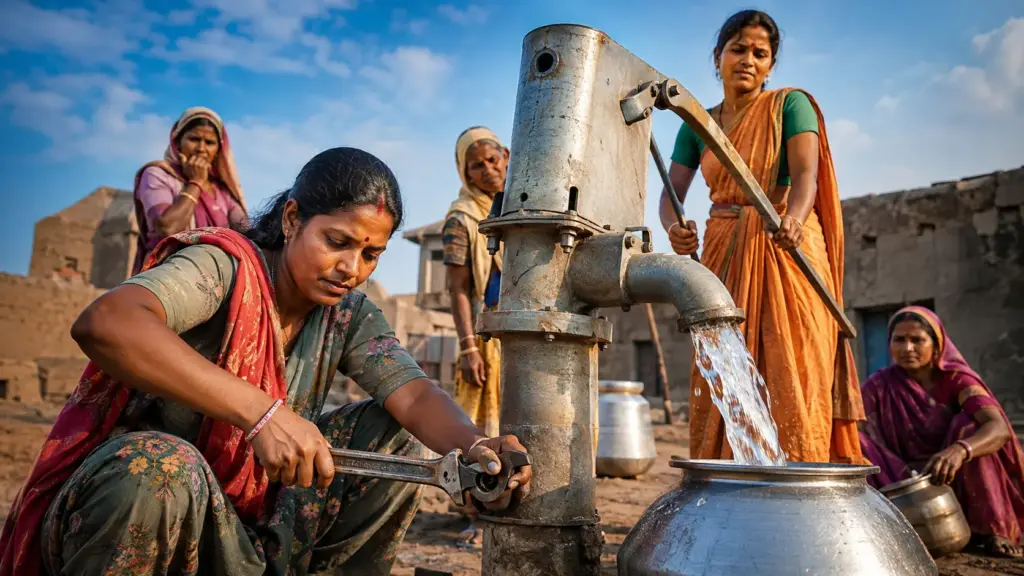 Barradas em curso oficial por baixa escolaridade, mulheres indianas foram treinadas por uma ONG, começaram cuidando de 41 bombas d’água e passaram a manter mais de 1.500, reduzindo reparos de seis semanas para até dois dias Barradas em curso oficial por baixa escolaridade, mulheres indianas foram treinadas por uma ONG, começaram cuidando de 41 bombas d’água e passaram a manter mais de 1.500, reduzindo reparos de seis semanas para até dois dias