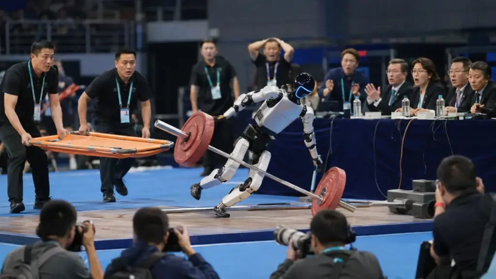 Robô humanoide tenta levantar peso em competição na China, perde o equilíbrio, avança contra a mesa dos juízes e precisa sair de maca, enquanto outro modelo conquista ouro ao erguer 16 kg e evento reúne 2.056 máquinas de 666 equipes em 51 modalidades