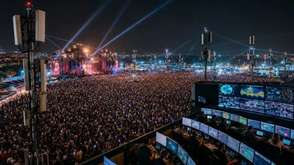 Rock in Rio vira laboratório de telecomunicações com mais de 120 antenas da TIM, aumento de 45% na estrutura 5G e estreia do 5G Advanced em evento de grande porte, enquanto mais de 100 profissionais e sistemas de inteligência artificial monitoram uma rede preparada para 130 mil pessoas por dia