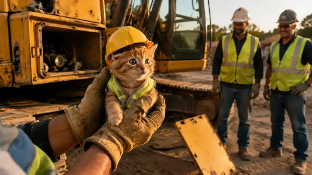 Operários ouvem miados dentro de escavadeira Komatsu em Ohio, desmontam proteção metálica para salvar filhote e transformam a pequena Sue em mascote com colete refletivo e capacete próprio