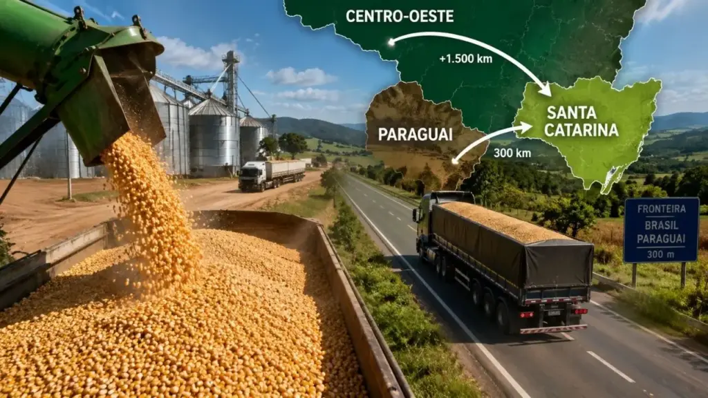 Santa Catarina produz apenas 2 milhões de toneladas de milho por ano, mas consome 8 milhões, busca outras 6 milhões principalmente no Centro-Oeste a mais de 1.500 km e agora quer ampliar compras do Paraguai, a cerca de 300 km, para reduzir em até 15% os custos e baratear carne e leite Santa Catarina produz apenas 2 milhões de toneladas de milho por ano, mas consome 8 milhões, busca outras 6 milhões principalmente no Centro-Oeste a mais de 1.500 km e agora quer ampliar compras do Paraguai, a cerca de 300 km, para reduzir em até 15% os custos e baratear carne e leite