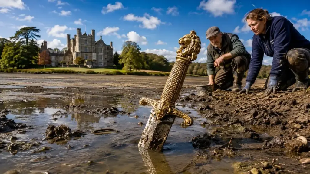 Seca derrubou o nível de um lago no Castelo de Chiddingstone, na Inglaterra, e revelou uma espada que pode ter cerca de 200 anos, encontrada por voluntários com a lâmina saindo da água e um punho dourado decorado com um leão, enquanto especialistas tentam descobrir quem a perdeu ali