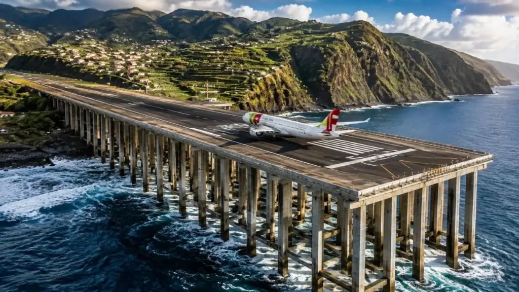 Sem espaço plano entre as montanhas e o Atlântico, Portugal ergueu parte da pista do Aeroporto da Madeira sobre 180 pilares de concreto, criou uma plataforma elevada capaz de suportar grandes aeronaves e transformou uma limitação geográfica extrema em uma das soluções de engenharia aeroportuária mais incomuns da Europa