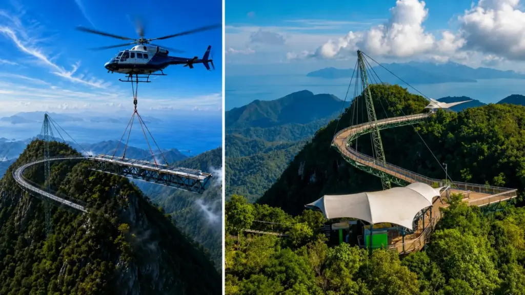 Sem estrada nem guindaste, a ponte teve que ser levada de helicóptero até o topo de uma montanha, uma passarela curva de 125 metros pendurada a 660 metros de altura por um único mastro inclinado, com vista de 360 graus que alcança até a Tailândia