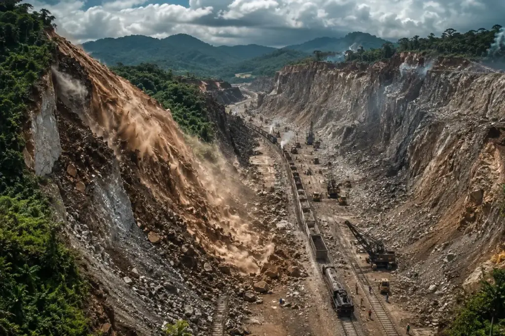 Seis mil homens detonavam mais de 600 furos de dinamite por dia e retiravam a rocha em cerca de 160 trens diários para partir uma cordilheira ao meio no Panamá, num trecho onde os deslizamentos jogaram 23 milhões de metros cúbicos a mais dentro do corte e quase dobraram o volume previsto de escavação Seis mil homens detonavam mais de 600 furos de dinamite por dia e retiravam a rocha em cerca de 160 trens diários para partir uma cordilheira ao meio no Panamá, num trecho onde os deslizamentos jogaram 23 milhões de metros cúbicos a mais dentro do corte e quase dobraram o volume previsto de escavação