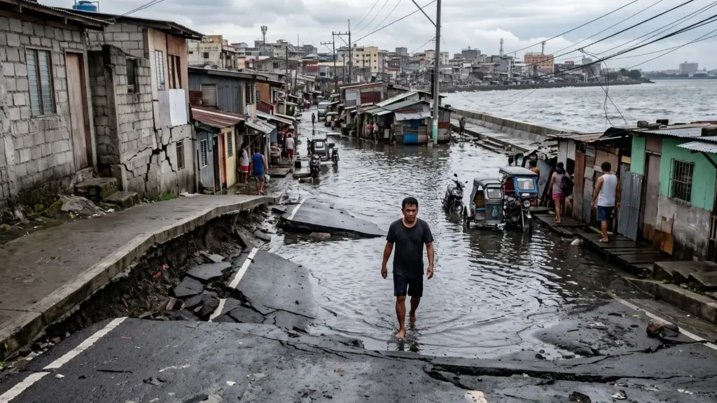 O chão está afundando até 10,9 cm por ano: retirada de água subterrânea e urbanização comprimem o terreno, rebaixam bairros inteiros e aumentam o risco de enchentes enquanto o mar avança sobre a costa da Grande Manila O chão está afundando até 10,9 cm por ano: retirada de água subterrânea e urbanização comprimem o terreno, rebaixam bairros inteiros e aumentam o risco de enchentes enquanto o mar avança sobre a costa da Grande Manila