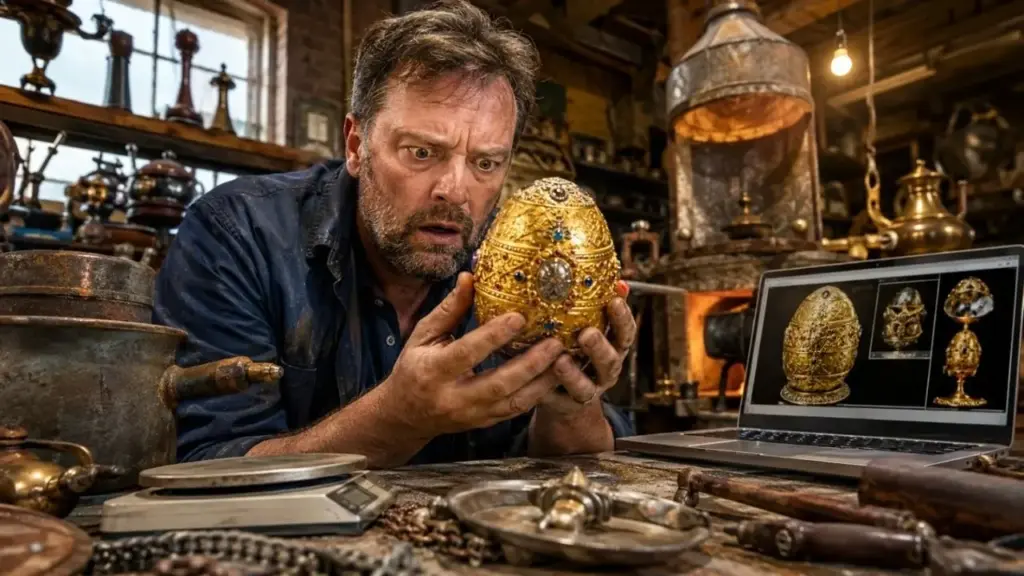 Sucateiro comprou por cerca de US$ 14 mil um ovo de ouro em uma feira pensando em derretê-lo para lucrar com o metal, pesquisou na internet antes de fazer isso e descobriu que tinha nas mãos um dos ovos Fabergé imperiais desaparecidos, feito em 1887 para a família real russa e avaliado em milhões