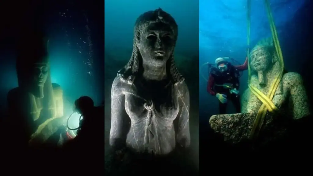 Arqueólogos encontram a 6,5 quilômetros da costa uma cidade egípcia desaparecida há mais de mil anos onde templos gigantes, estátuas de 5 metros, joias de ouro e navios continuam enterrados sob o fundo do Mediterrâneo