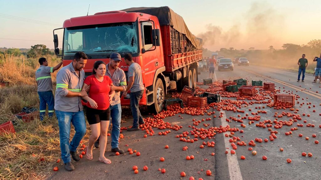 Três trabalhadores veem caminhão com 17 toneladas de tomates tombar na BR-050, correm até a cabine e descobrem gestante de 8 meses presa com o marido enquanto começa um incêndio, em cerca de 5 minutos, quebram o vidro e retiram o casal Três trabalhadores veem caminhão com 17 toneladas de tomates tombar na BR-050, correm até a cabine e descobrem gestante de 8 meses presa com o marido enquanto começa um incêndio, em cerca de 5 minutos, quebram o vidro e retiram o casal