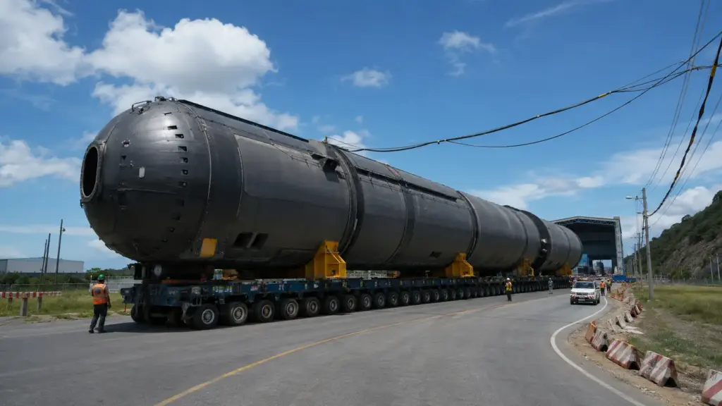 Marinha interrompeu o tráfego na BR-493 e retirou trechos da rede elétrica para levar 619 toneladas do submarino Riachuelo por 5 km em 11 horas