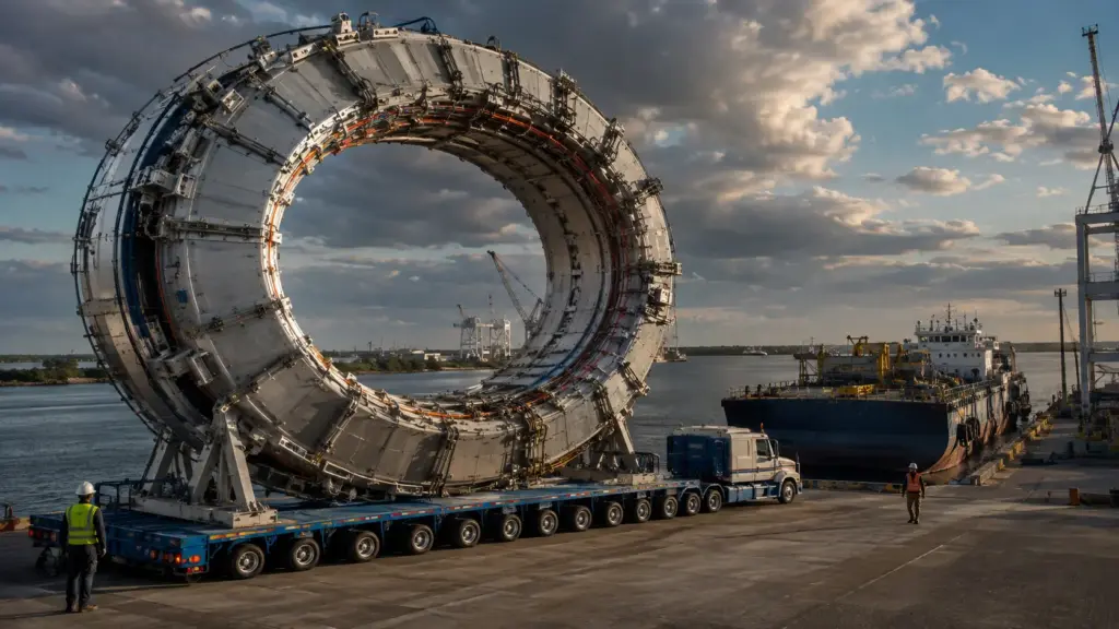 Grande demais para uma rodovia comum e delicado demais para ser desmontado, anel magnético de 15 metros percorreu 5.150 quilômetros por caminhão, rios e mar até o Fermilab