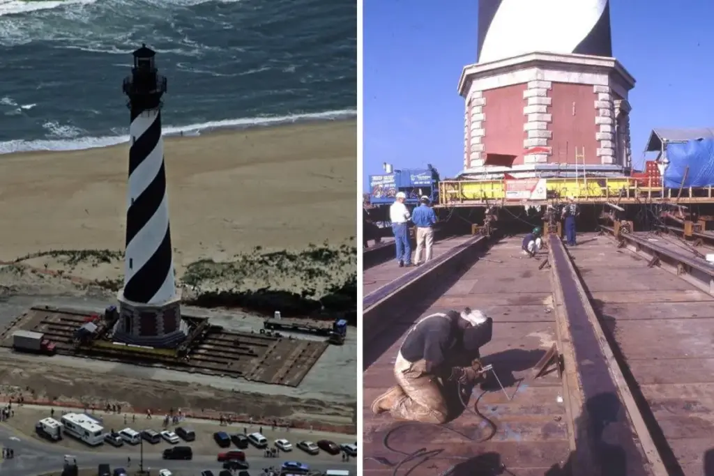 Um farol inteiro de quase 5.000 toneladas e 60 metros de altura foi levantado da base à beira-mar, deslizou 883 metros terra adentro ao longo de 23 dias sobre trilhos de aço e parou a salvo da erosão que quase o derrubou no Atlântico Um farol inteiro de quase 5.000 toneladas e 60 metros de altura foi levantado da base à beira-mar, deslizou 883 metros terra adentro ao longo de 23 dias sobre trilhos de aço e parou a salvo da erosão que quase o derrubou no Atlântico
