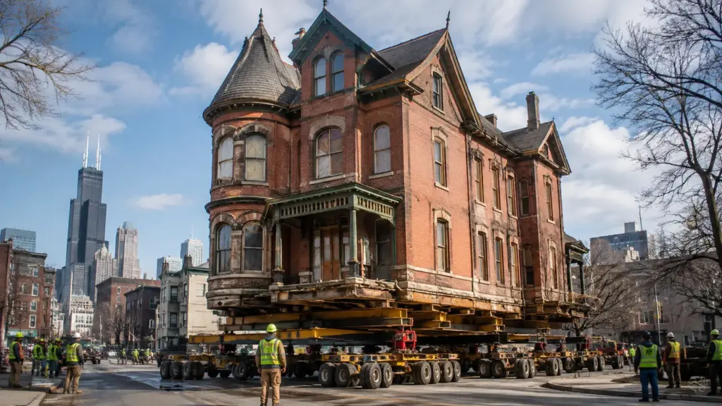 Chicago precisava liberar um terreno para construir um novo complexo, mas havia uma casa histórica de 1888 no caminho, então ergueu as 1.020 toneladas da residência sobre 30 plataformas com rodas e deslocou o prédio inteiro por uma quadra