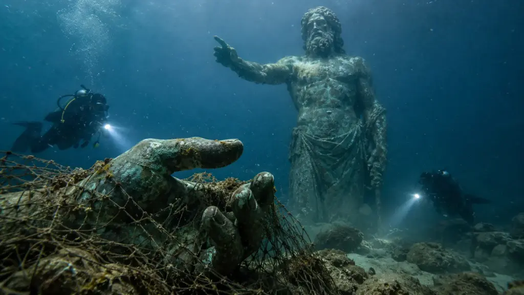 Uma mão de bronze ficou presa na rede de pescadores e levou à descoberta de um gigante grego de mais de 2 metros no fundo do mar, estátua criada há quase 2.500 anos que até hoje divide especialistas entre Zeus e Poseidon