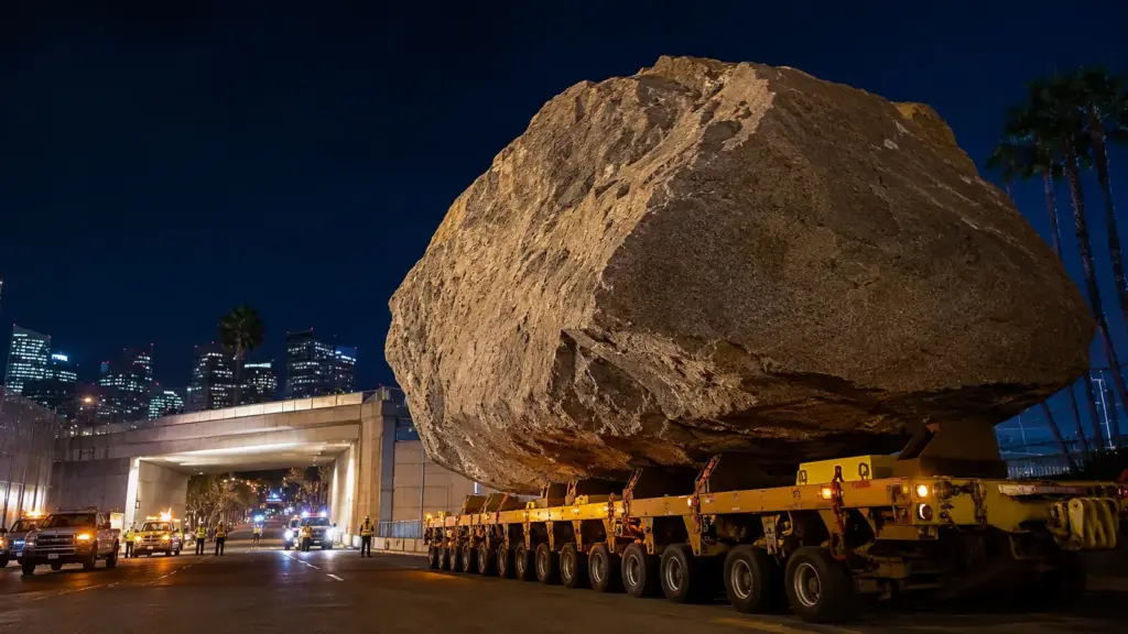 Uma rocha de 340 toneladas saiu de uma pedreira, cruzou 22 cidades durante 11 noites por uma rota criada para evitar pontes frágeis e terminou suspensa sobre uma passagem onde visitantes caminham em Los Angeles