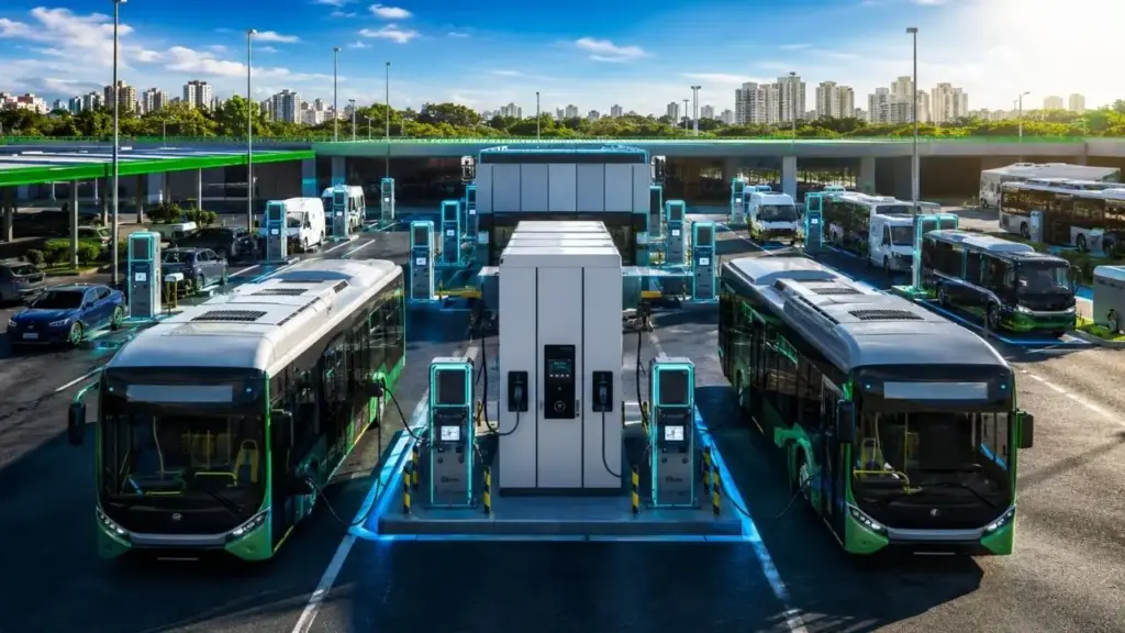WEG lança no Brasil estação de recarga de 960 kW capaz de carregar 12 veículos elétricos ao mesmo tempo, dobra a potência da geração anterior, triplica o atendimento simultâneo e usa distribuição dinâmica de energia para reduzir o tempo de recarga de frotas e ônibus elétricos no transporte público brasileiro