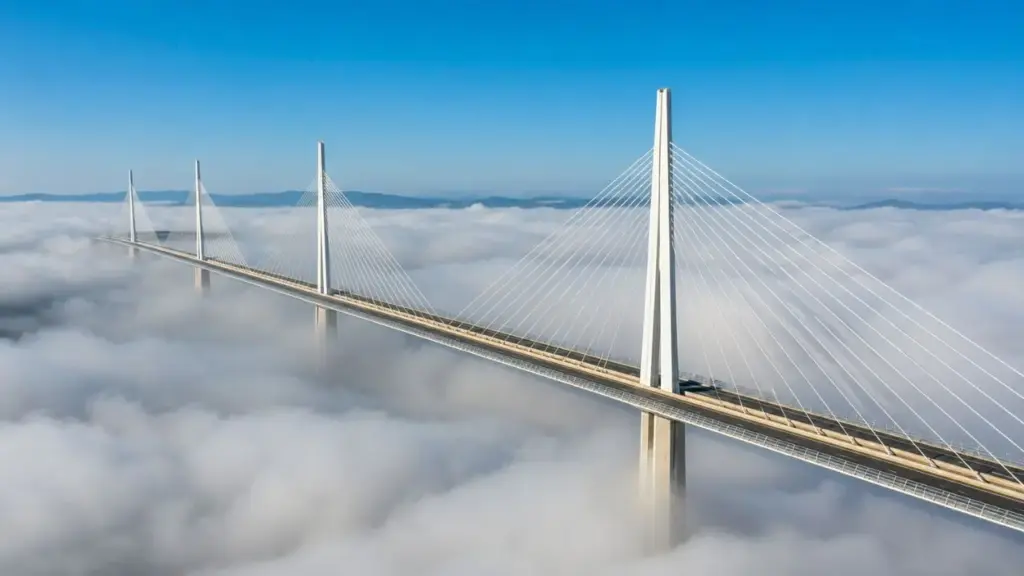 Com 343 metros de altura e uma pista suspensa que se estende por 2.460 metros, esse viaduto colossal supera a altura da Torre Eiffel Com 343 metros de altura e uma pista suspensa que se estende por 2.460 metros, esse viaduto colossal supera a altura da Torre Eiffel