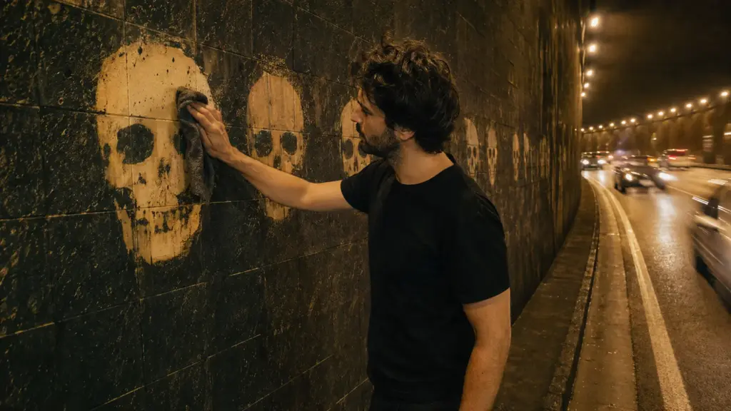 Durante 17 madrugadas, artista limpou a fuligem de um túnel de São Paulo, desenhou mais de 3.500 caveiras sem usar tinta e transformou a poluição deixada pelos carros em uma obra urbana sobre aquilo que os motoristas respiravam