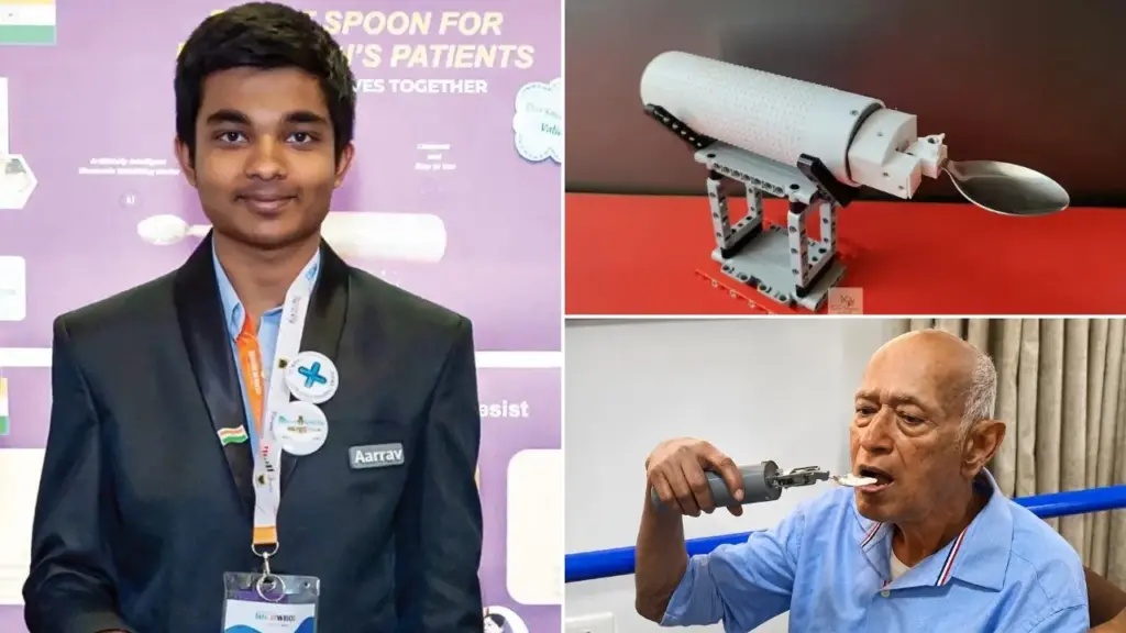 Aos 17 anos, jovem indiano vê o tio idoso desistir de comer por causa dos tremores do Parkinson, reúne sensores, motores, microcontroladores e uma impressora 3D e cria colher inteligente que compensa os movimentos involuntários da mão Aos 17 anos, jovem indiano vê o tio idoso desistir de comer por causa dos tremores do Parkinson, reúne sensores, motores, microcontroladores e uma impressora 3D e cria colher inteligente que compensa os movimentos involuntários da mão
