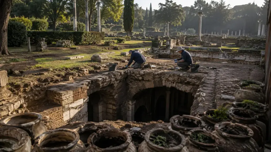 Arqueólogos escavam jardim da vila de 120 hectares do imperador Adriano na Itália e encontram câmara subterrânea republicana com cerâmicas, terracotas decoradas que pode ser a construção mais antiga já documentada