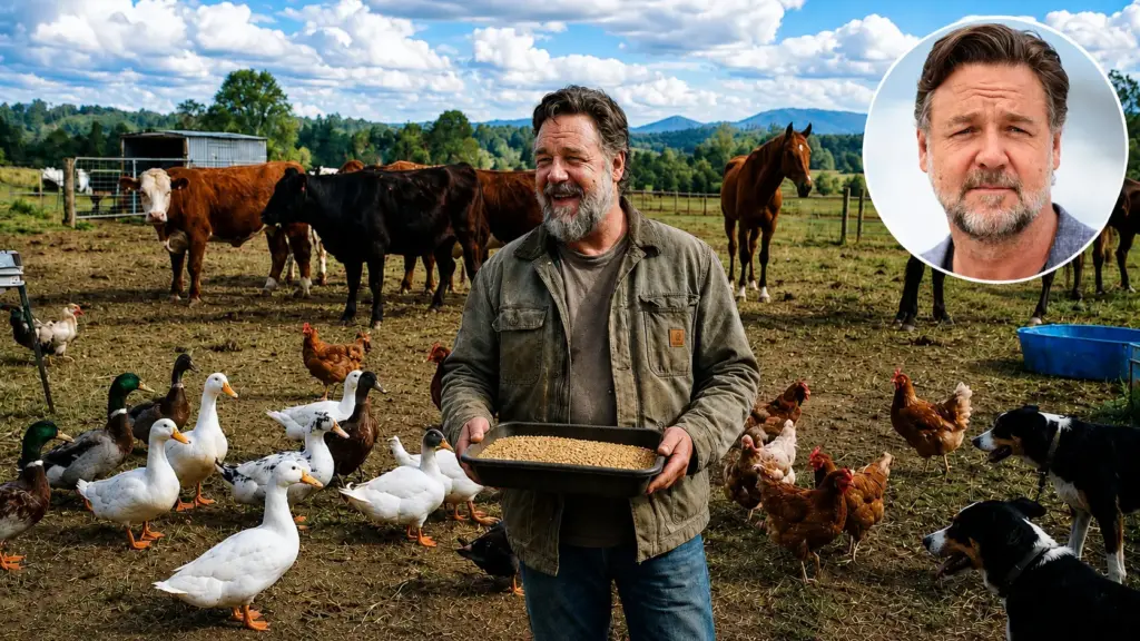 Aos 62 anos, astro de Gladiador Russell Crowe mantém um rancho de cerca de 400 hectares no interior da Austrália, onde cria gado, percorre a propriedade para conferir cercas e bebedouros e reconstruiu parte das terras após os incêndios devastadores de 2019