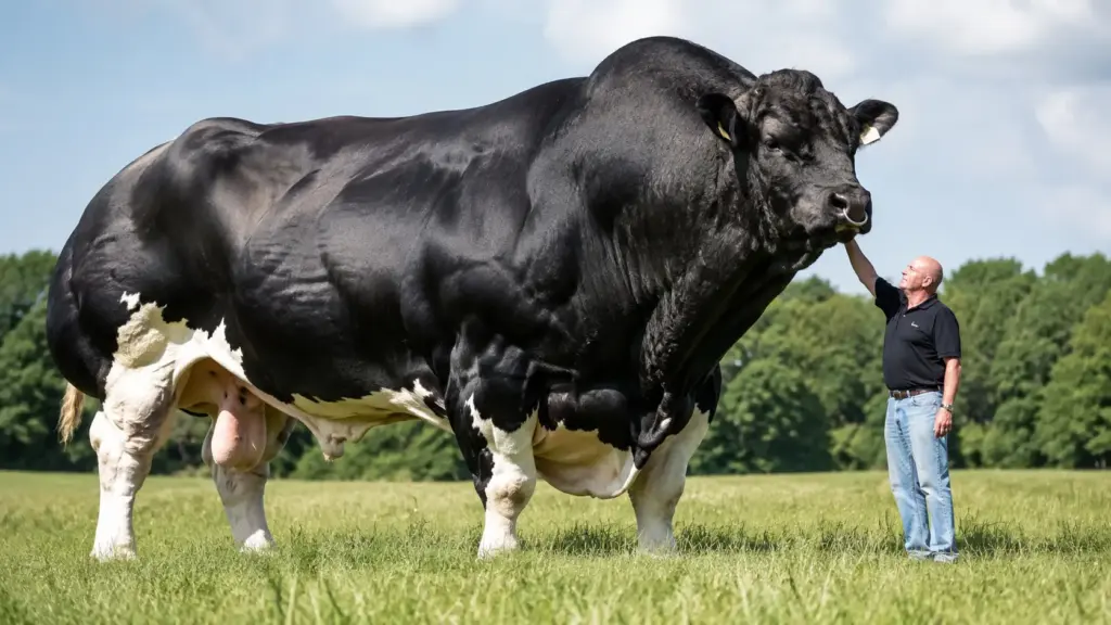 Com quase 2 metros de altura e mais de 1,1 tonelada, Beef é o boi mais alto vivo do mundo, devora cerca de 45 kg de alimento por dia, consome mais de 1,1 tonelada por mês e cresceu tanto que já não cabe nem no próprio reboque