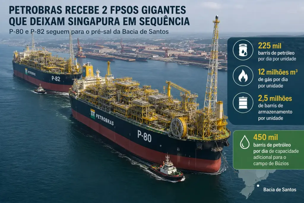 Petrobras recebe 2 FPSOs gigantes que deixam Singapura em sequência, levam capacidade de 225 mil barris por dia cada e podem acrescentar 450 mil barris diários ao campo de Búzios