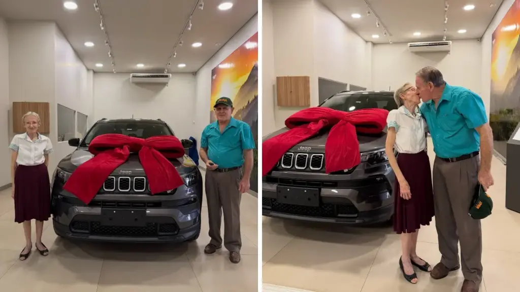Casal de idosos compra o primeiro carro 0 km após anos de trabalho, realiza sonho de décadas, celebra conquista com Jeep Compass dos sonhos e cena da entrega viraliza nas redes sociais